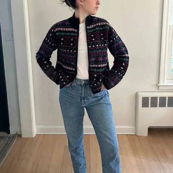 VTG TALBOTS Hand Knit Chunky 100% Wool Zip oversized Sweater S Holiday Fair isle - Picture 1 of 7